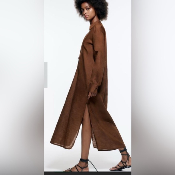 Zara Dresses & Skirts - Zara Linen Tunic Dress Elegant Brown Maxi Dress